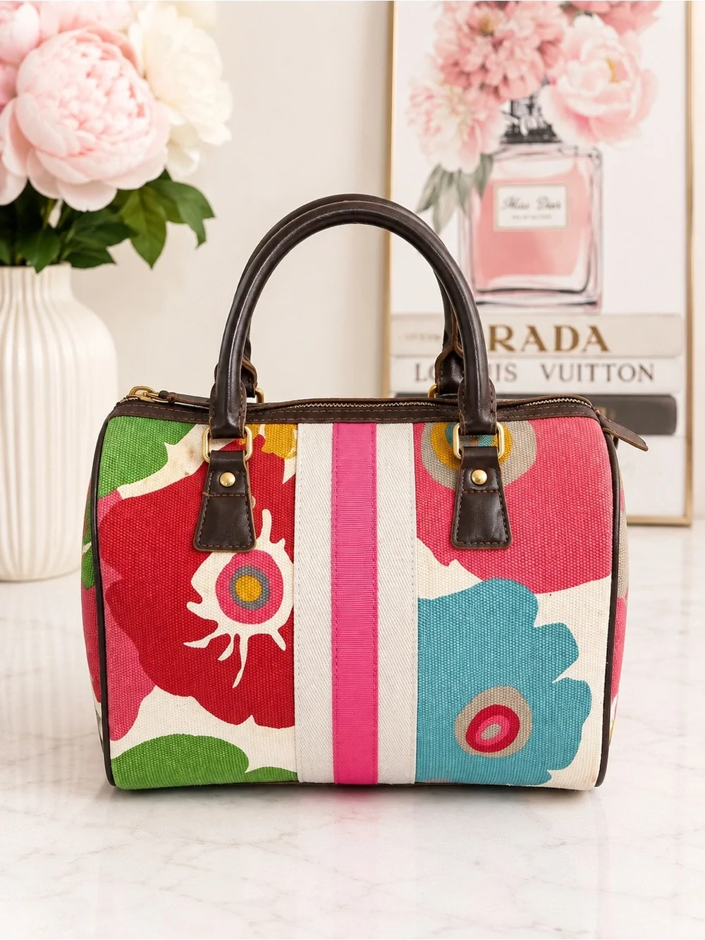 Vintage Y2K Victoria’s Secret Floral Canvas Satchel Handbag Striped Bowling bag